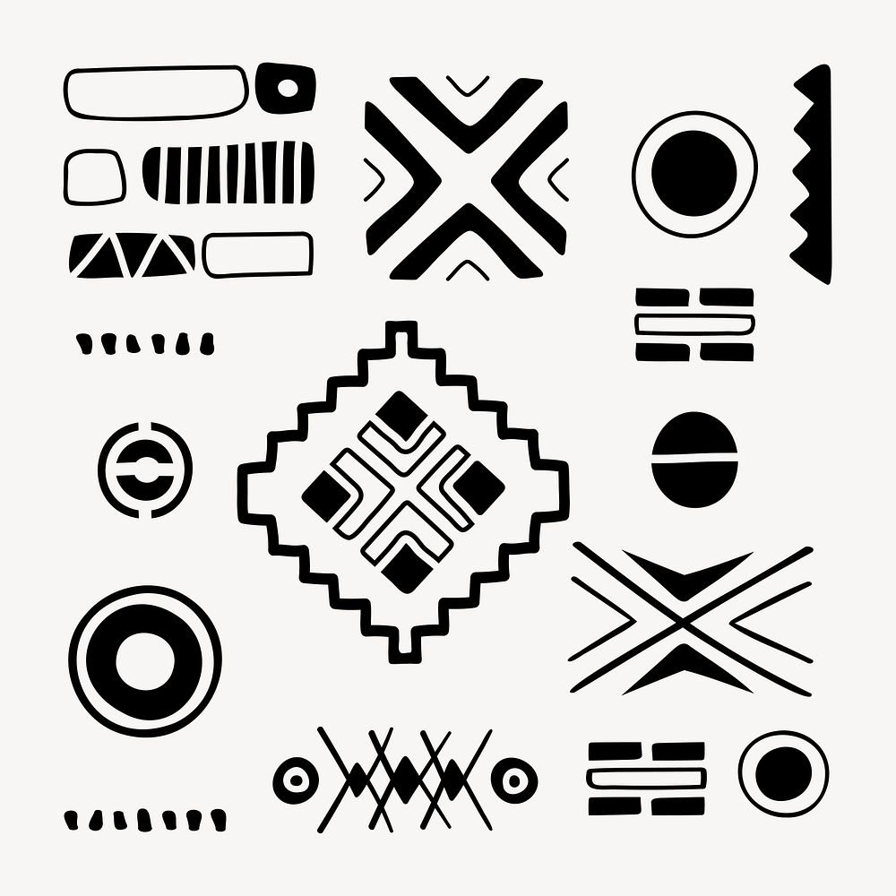 Tribal shape sticker, black and white doodle geometric design, vector set