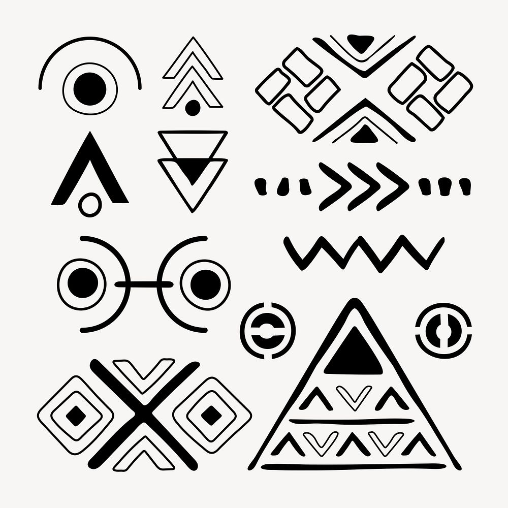 Ethnic shape sticker, black and white doodle aztec design, psd set