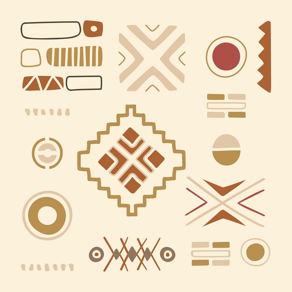 Ethnic shape sticker, brown doodle geometric design, psd set