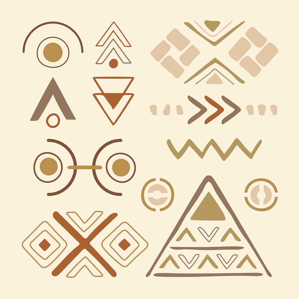 Ethnic shape sticker, brown doodle aztec design, vector set