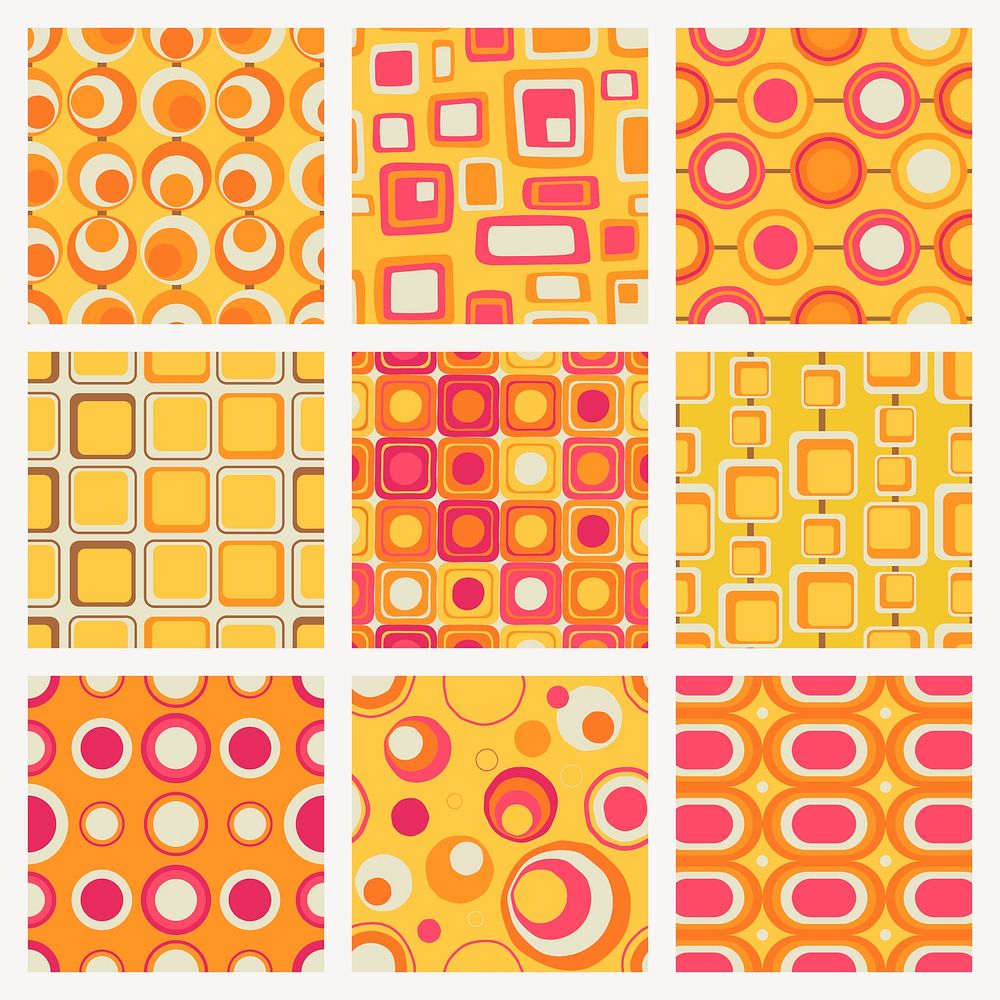Abstract pattern background, retro 70s design psd set
