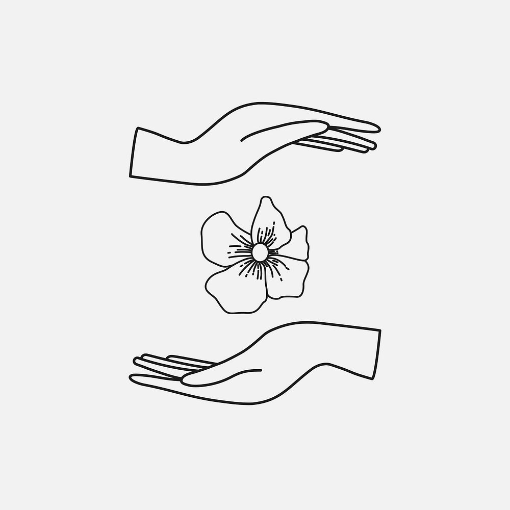 Aesthetic floral badge, minimal hand and flower illustration