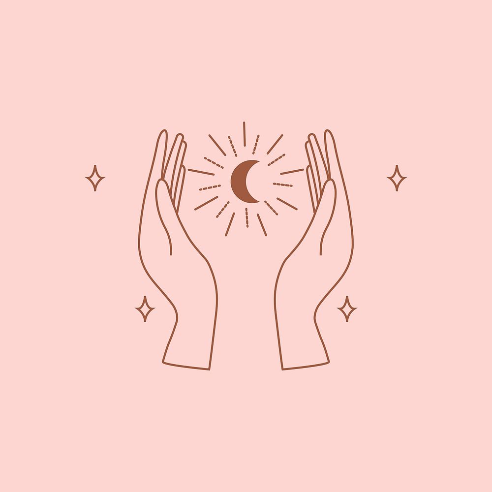 Mystical hand & moon line art illustration on pink