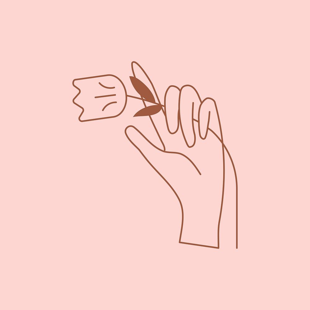 Minimal hand & flower line art illustration on pink