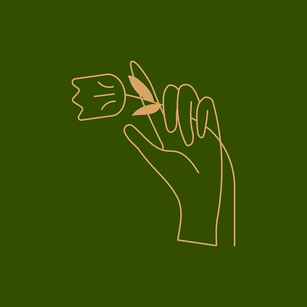 Gold hand and flower, minimal illustration on green
