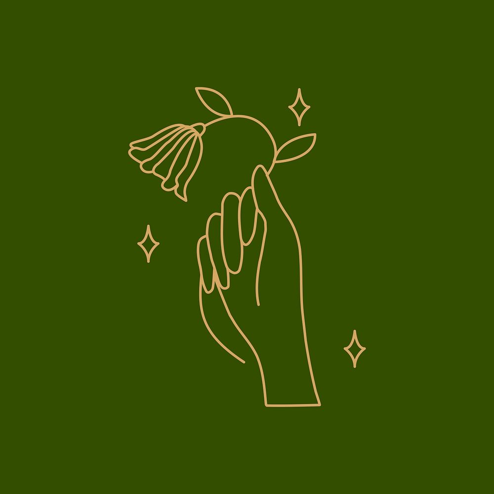 Gold hand and flower, minimal illustration on green