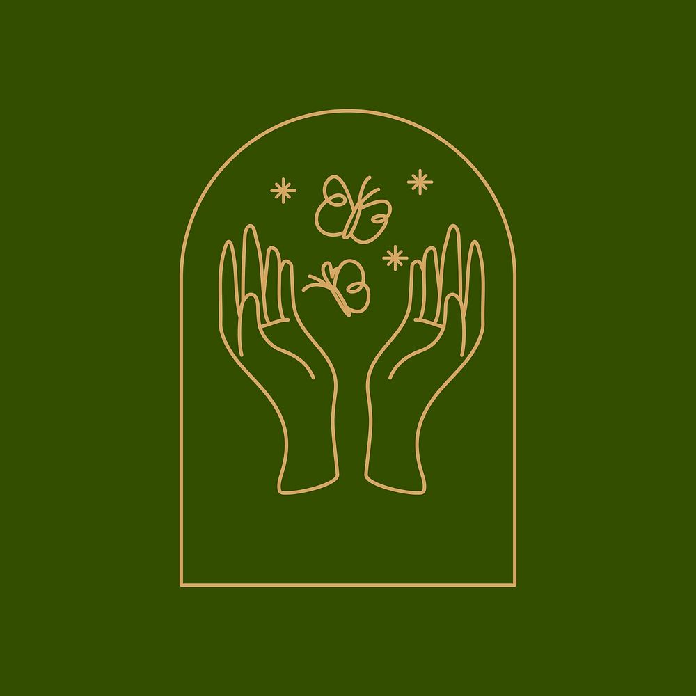 Aesthetic mystical badge, minimal hand and butterfly green design
