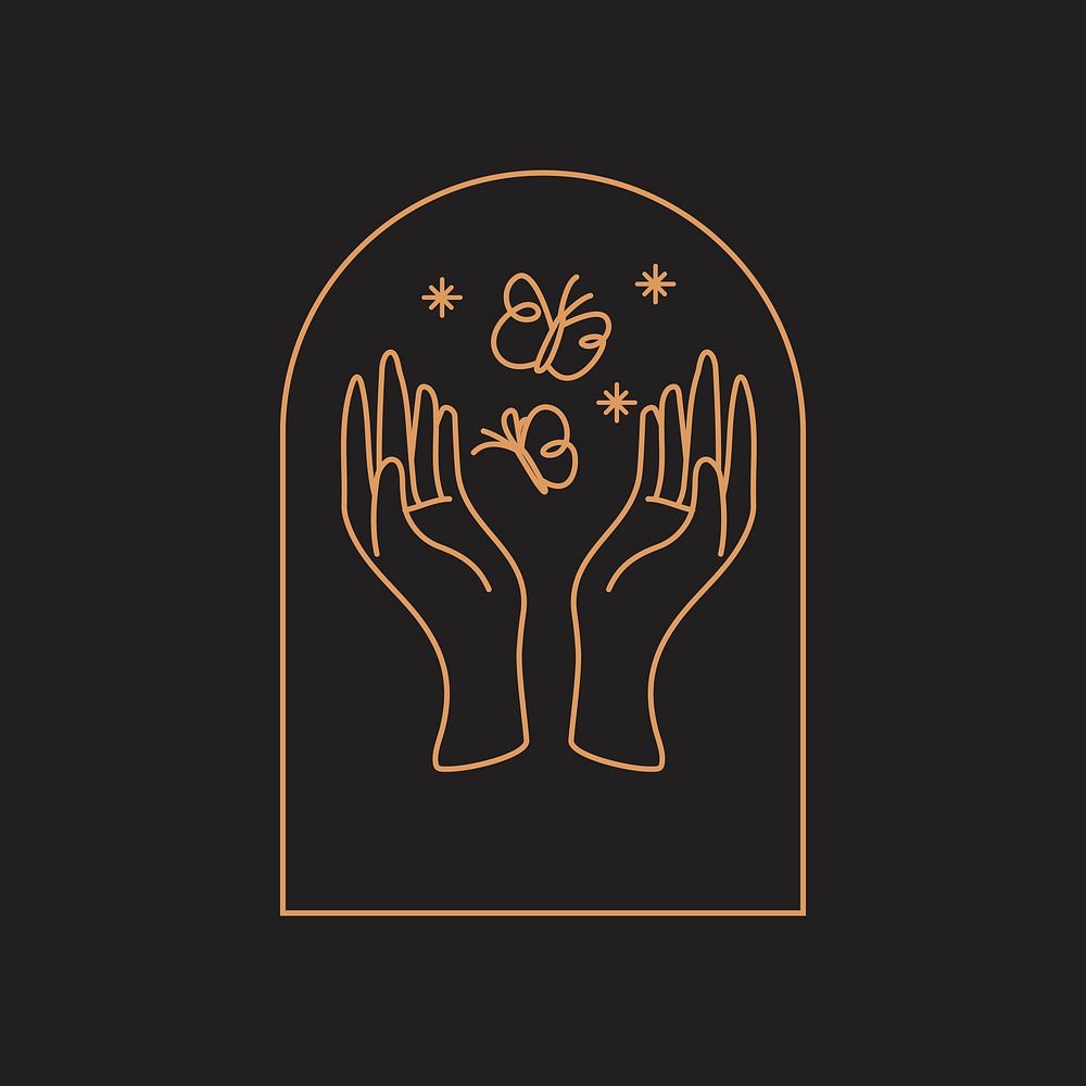 Aesthetic mystical badge, minimal hand and butterfly illustration