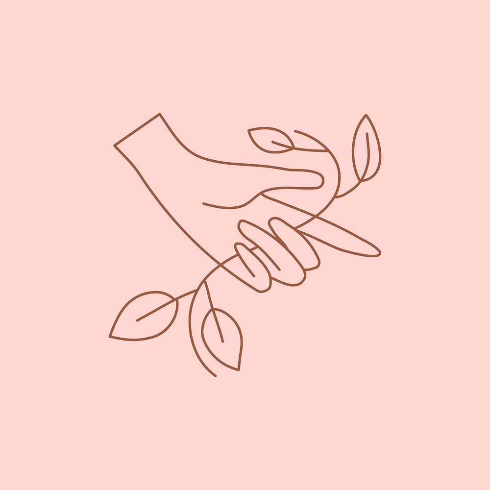 Minimal hand & leaf line art illustration on pink