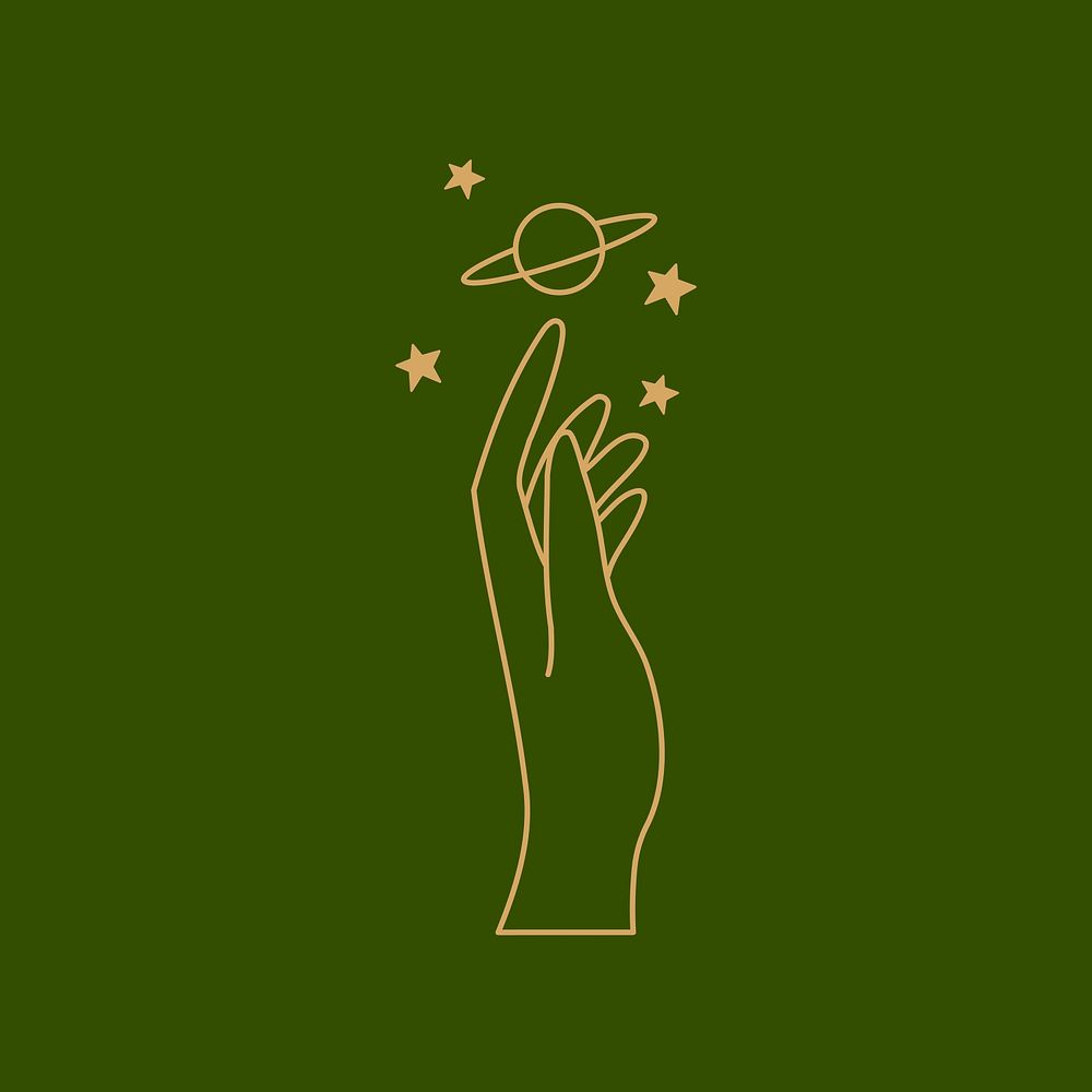 Gold celestial line art illustration on green