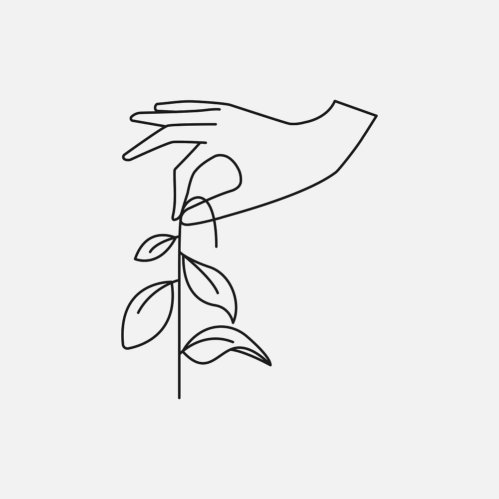Minimal line art hand with leaf tattoo design