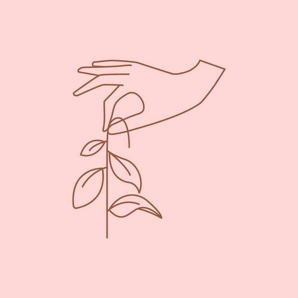 Minimal hand & leaf line art illustration on pink