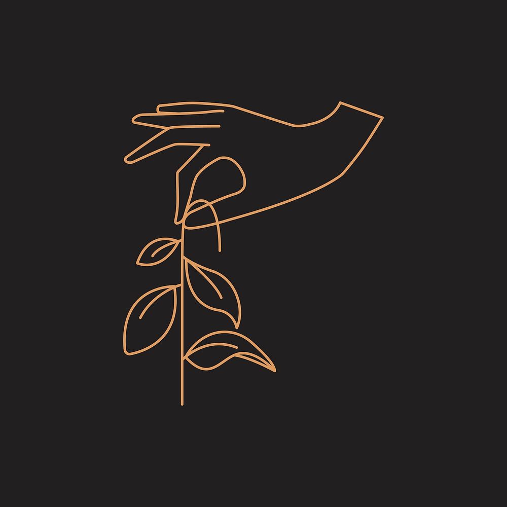 Minimal line art botanical hand, bronze illustration