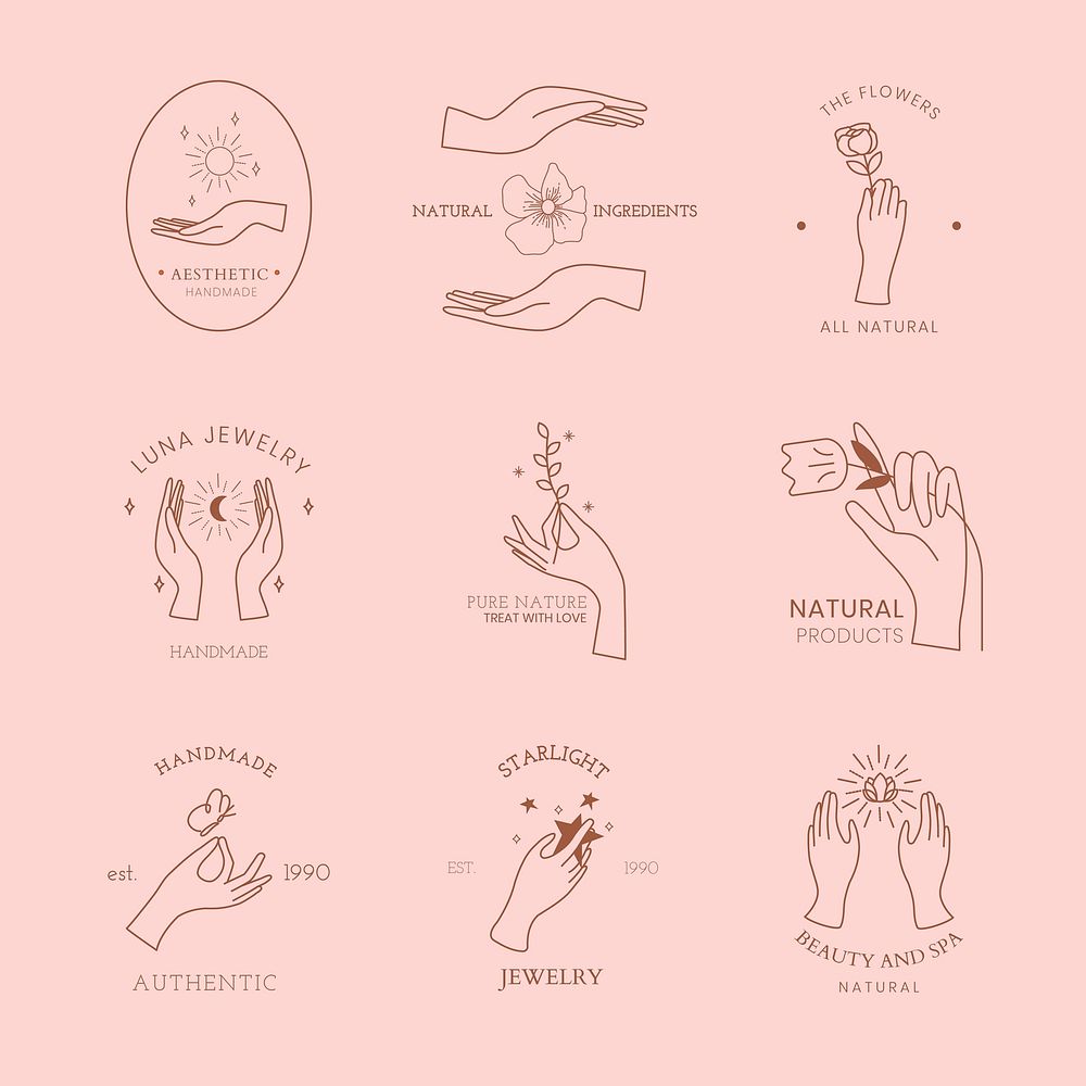 Aesthetic hand logo template, editable pink design set vector