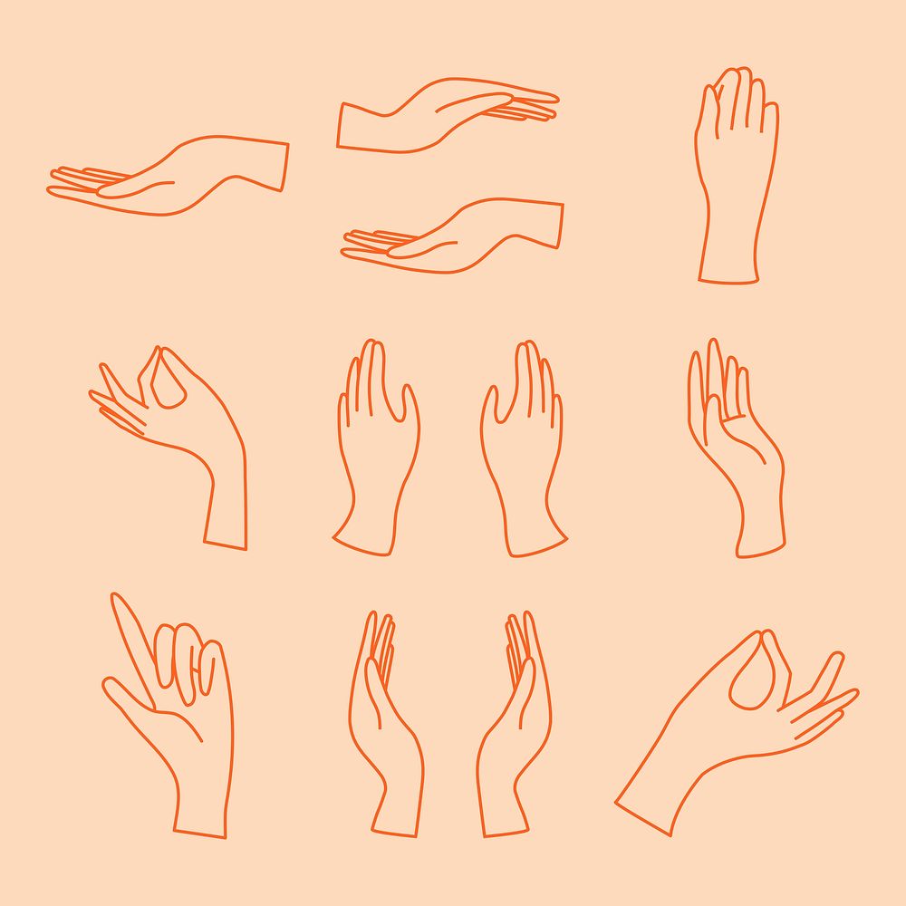 Hand gesture sticker, minimal line art illustrations set vector