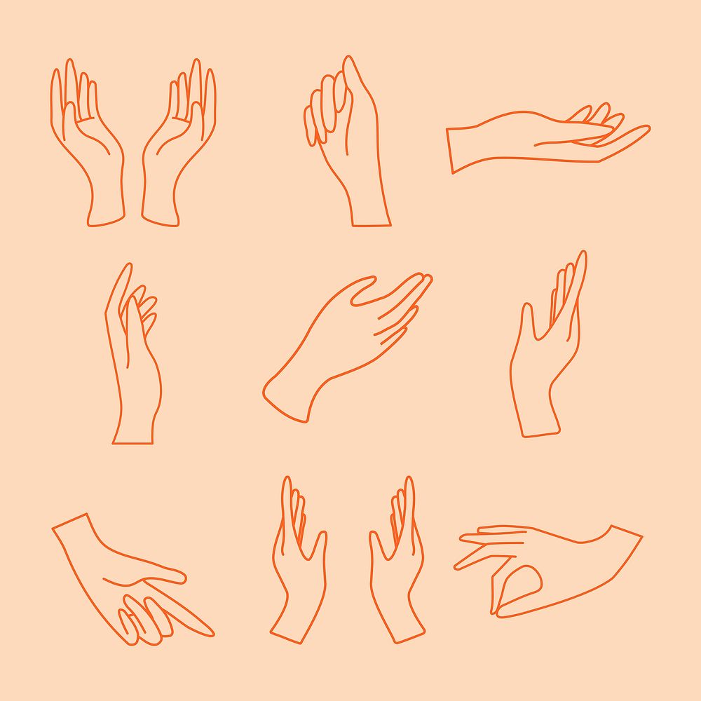 Hand gesture sticker, minimal line art illustrations set vector
