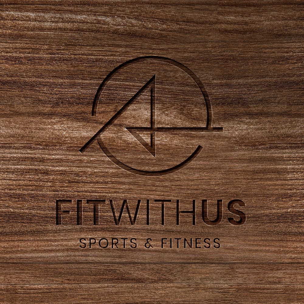 Fitness gym business logo template, wooden texture in abstract design psd