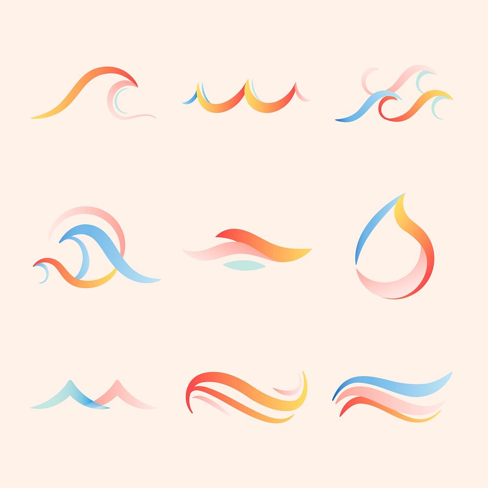 Ocean wave sticker, aesthetic water clipart, colorful logo element for business psd set