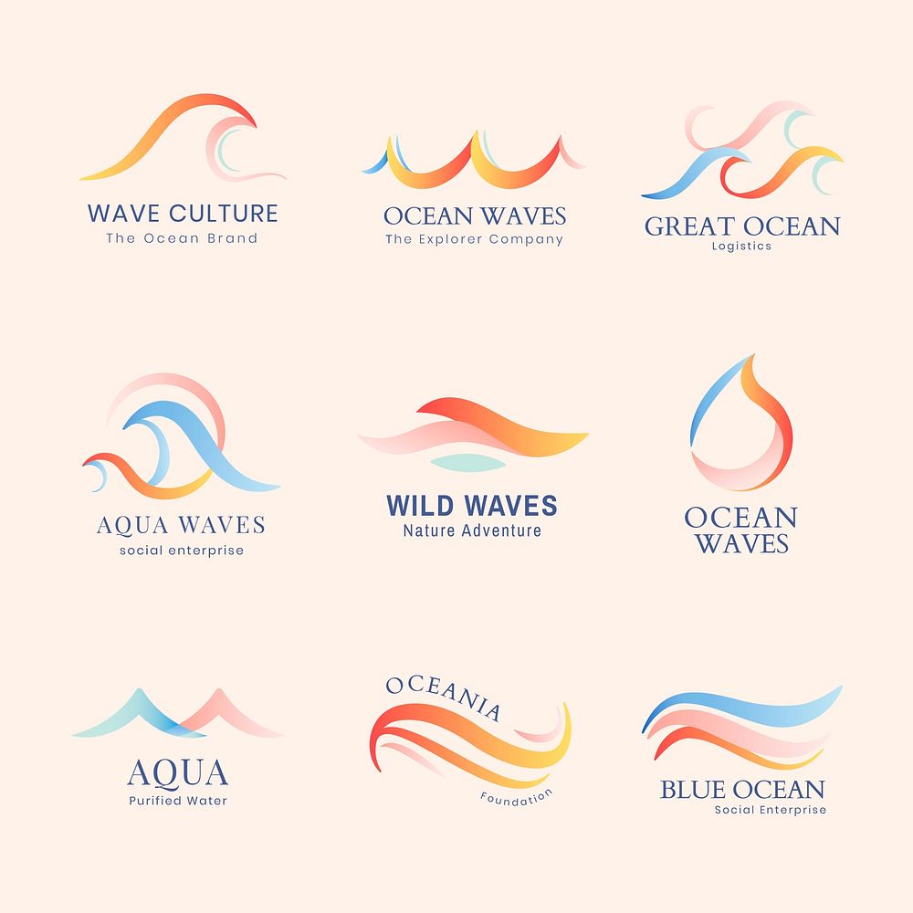 Wave business logo template, colorful water animated graphic vector set
