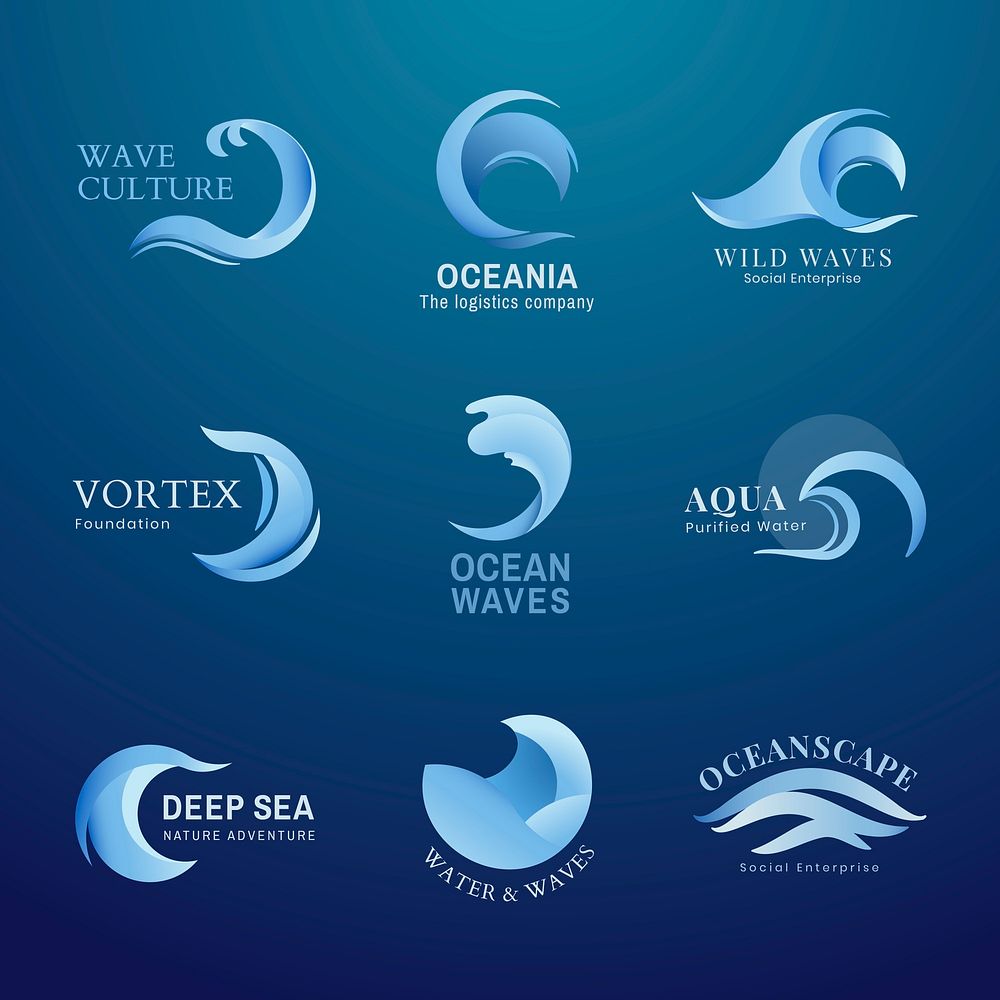 Wave business logo template, blue water animated graphic psd set