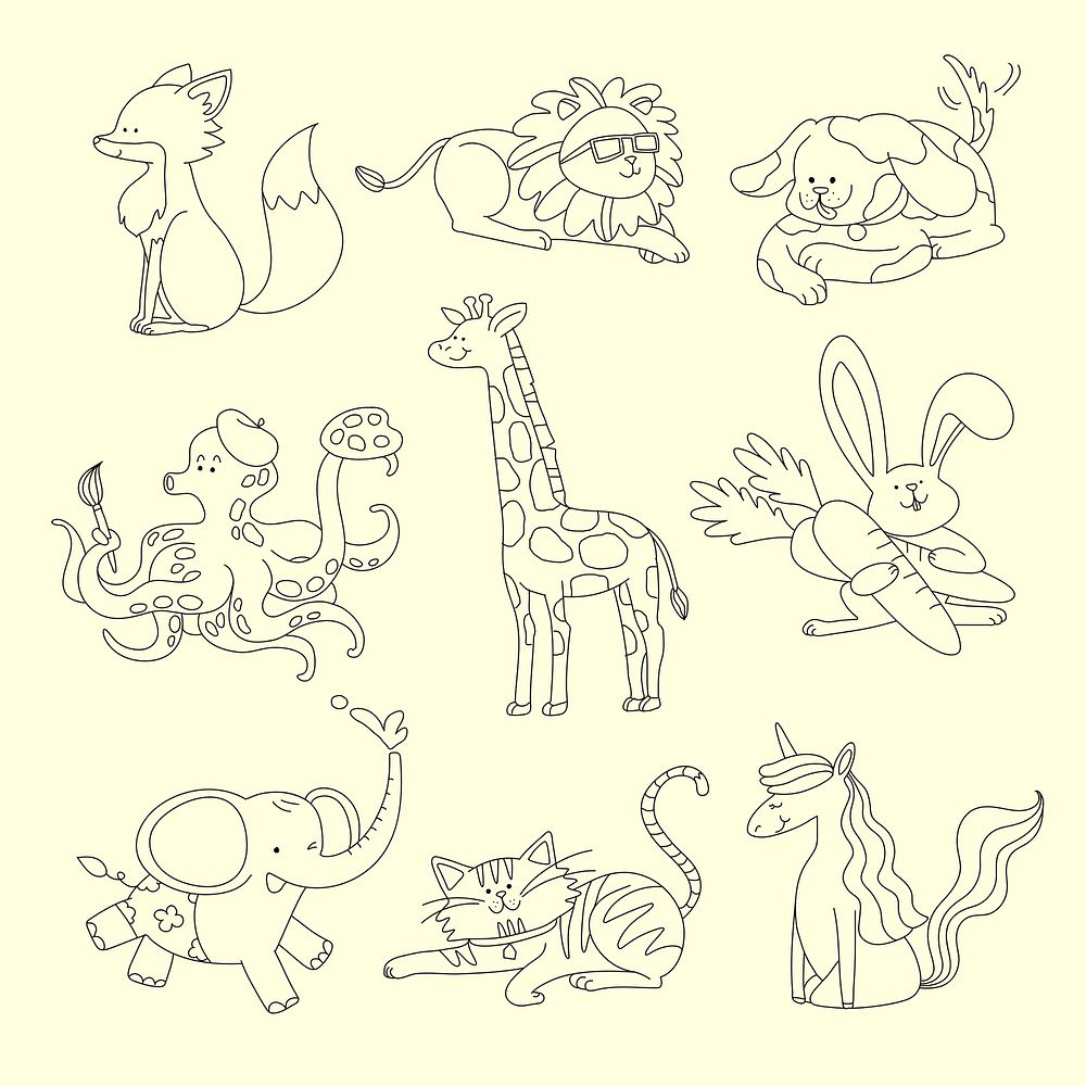 Cute animals collage elements, space for kids coloring psd