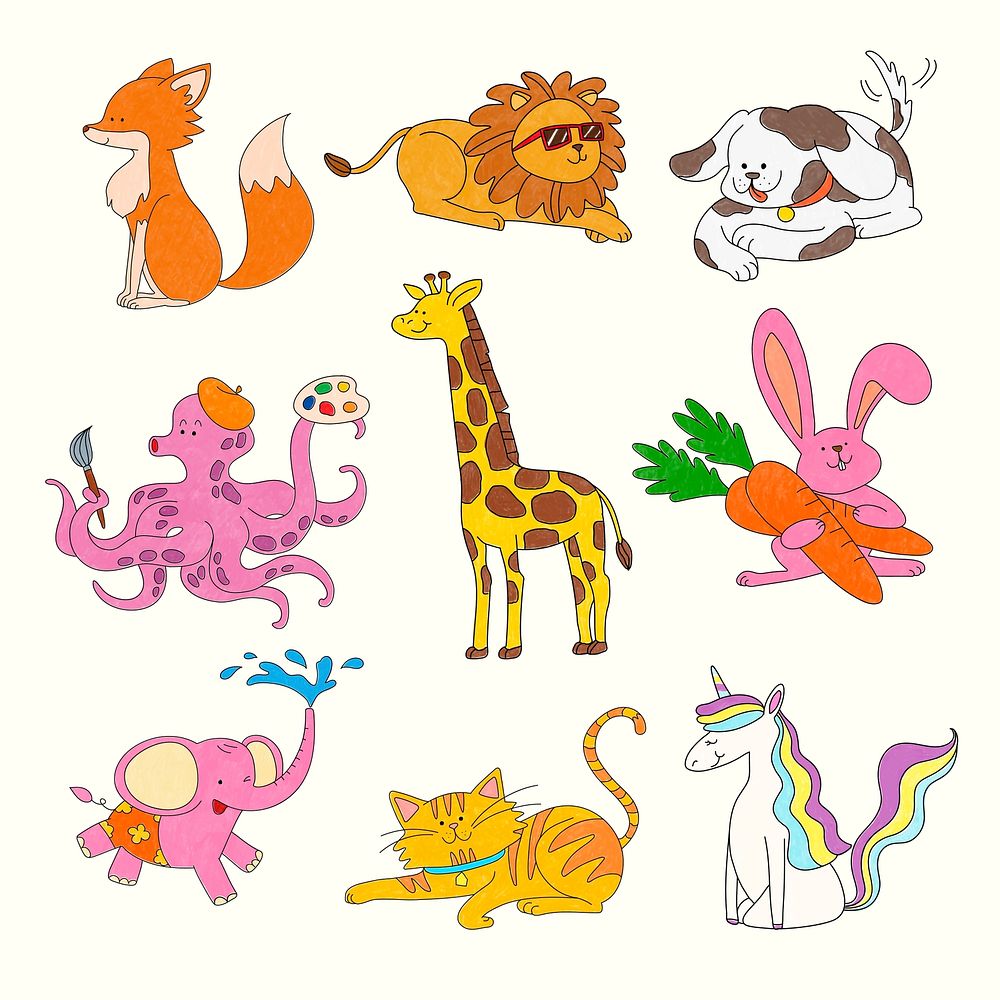 Cute animal sticker, colorful clipart for kids vector set
