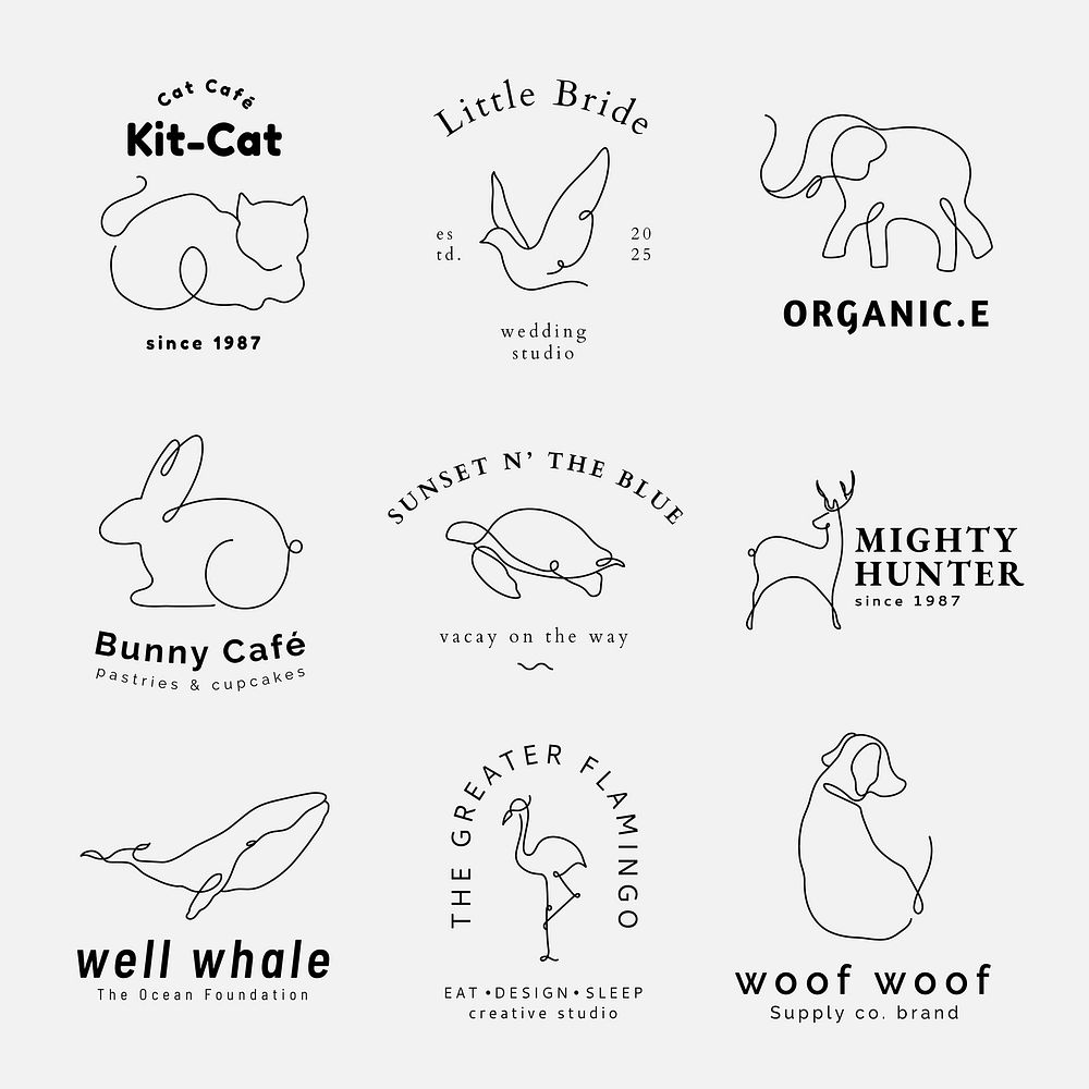 Minimal animal logo template, editable line art design psd set