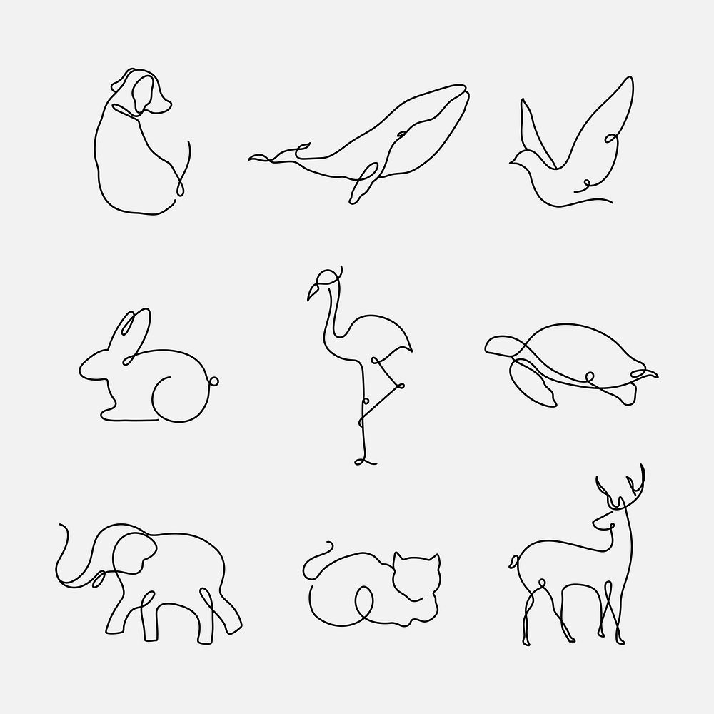 Animal logo element psd, line art animal illustration set