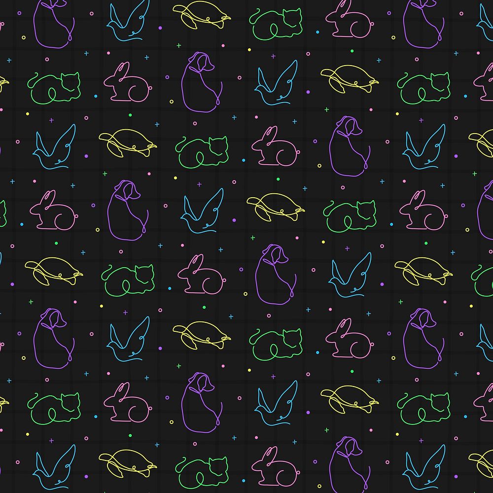 Animal seamless pattern, black background line art design vector