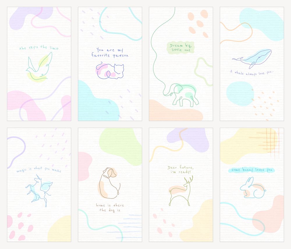 Cute animal mobile wallpaper template set, pastel memphis vector