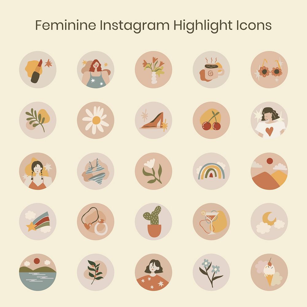 Instagram highlight icon, lifestyle illustration in feminine earth tone design set