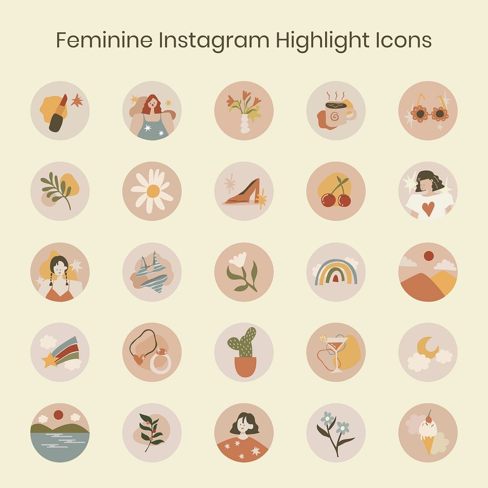Instagram highlight icon, lifestyle doodle illustration in earth tone design psd set