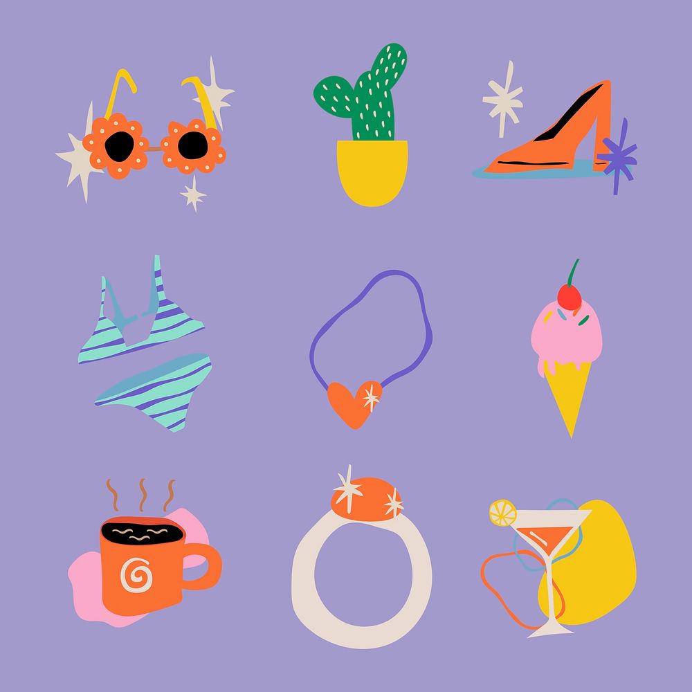 Retro feminine sticker, doodle illustration in cute colorful design psd set