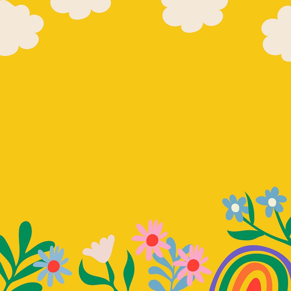 Colorful flower background, cute yellow border, nature doodle in retro design psd