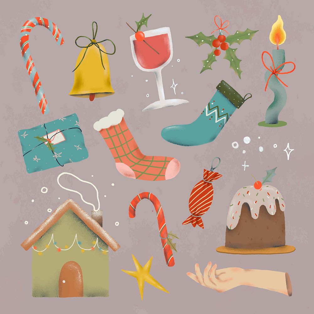 Christmas doodle sticker set, cute doodle illustration vector