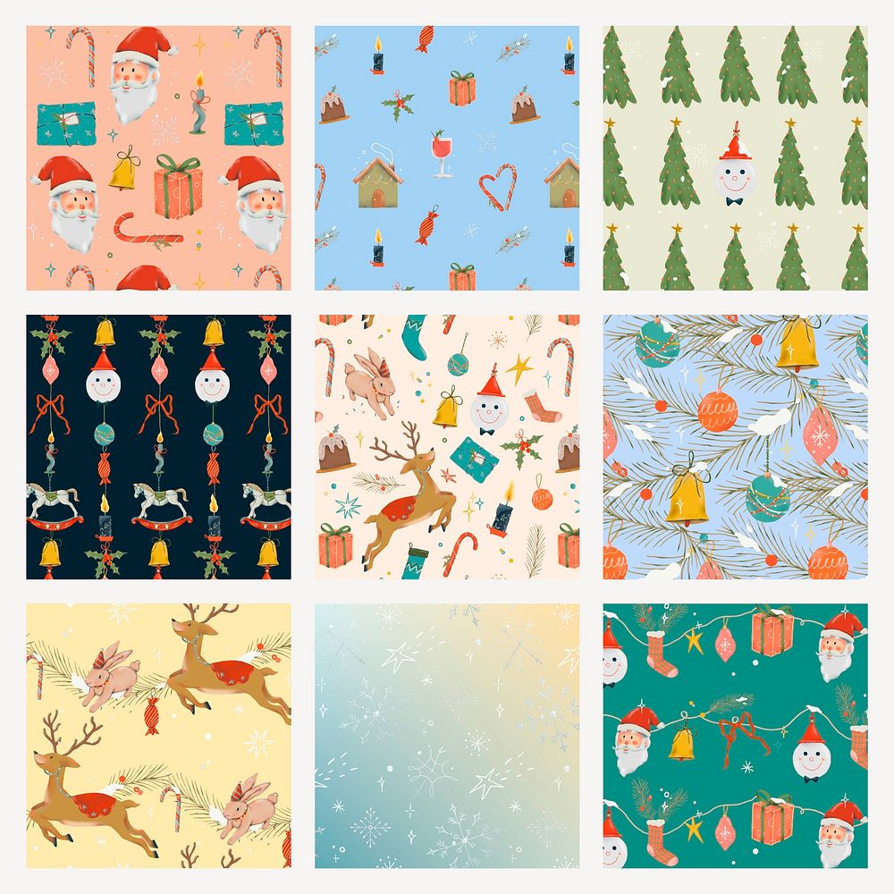 Christmas seamless background, cute holidays season pattern vector set