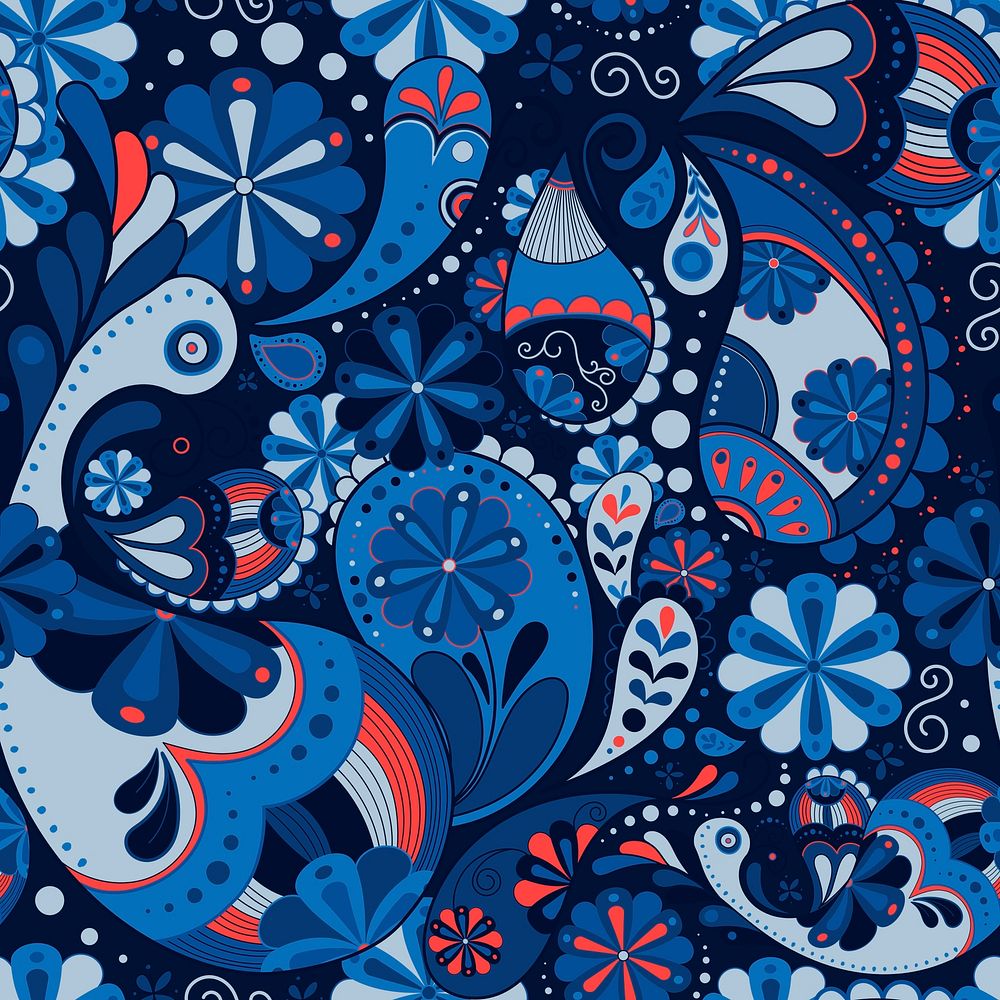 Blue paisley pattern background, Indian floral art psd