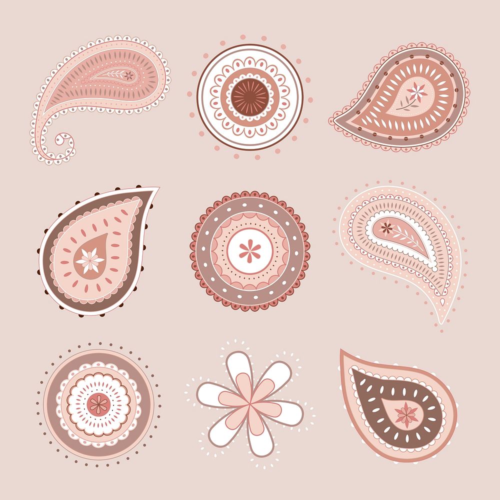 Paisley mandala sticker, pastel Indian illustration psd set