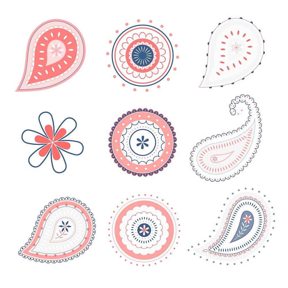 Paisley mandala sticker, pink Indian illustration psd set