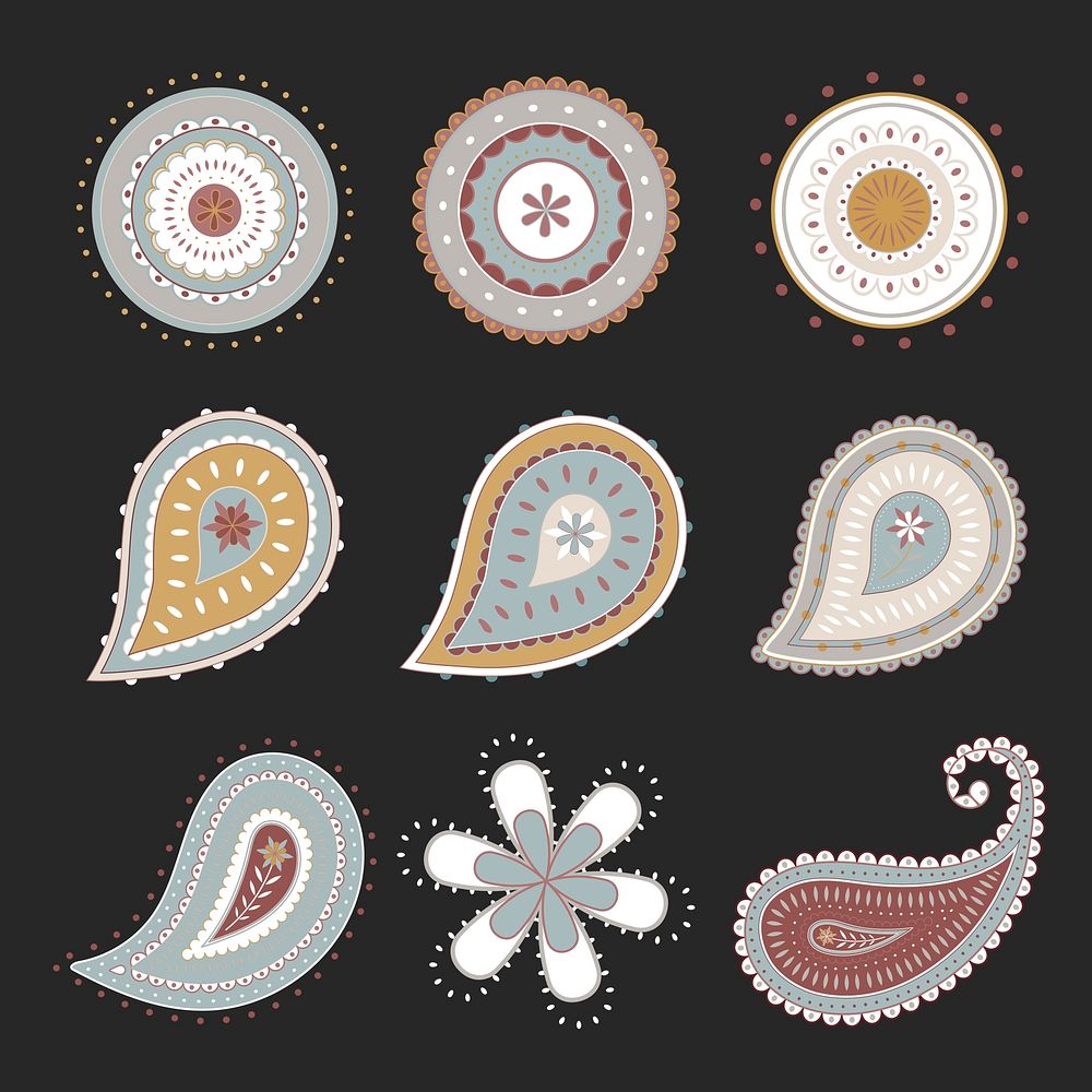 Paisley mandala sticker, simple Indian illustration psd set