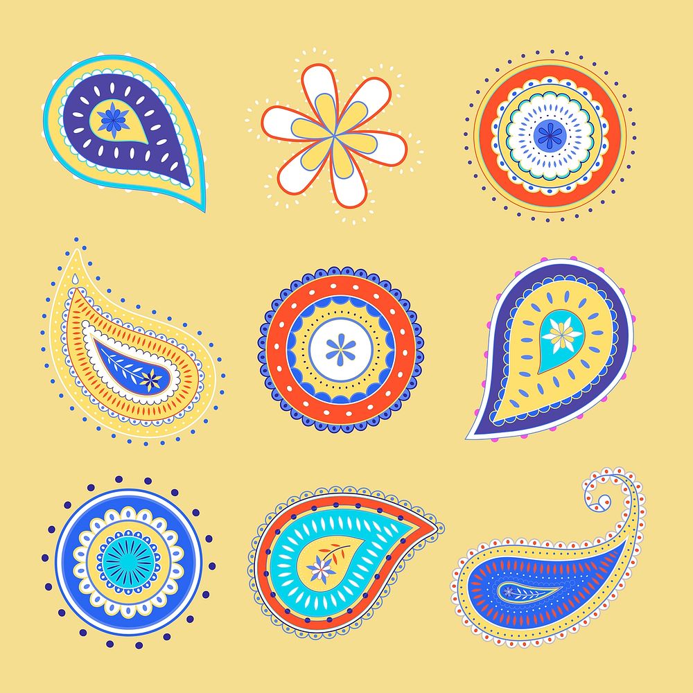 Paisley mandala sticker, colorful Indian illustration vector set