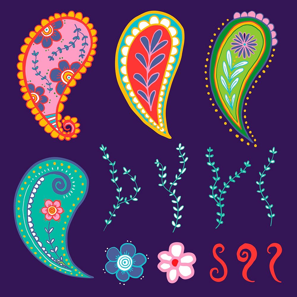 Paisley mandala sticker, colorful Indian illustration vector set