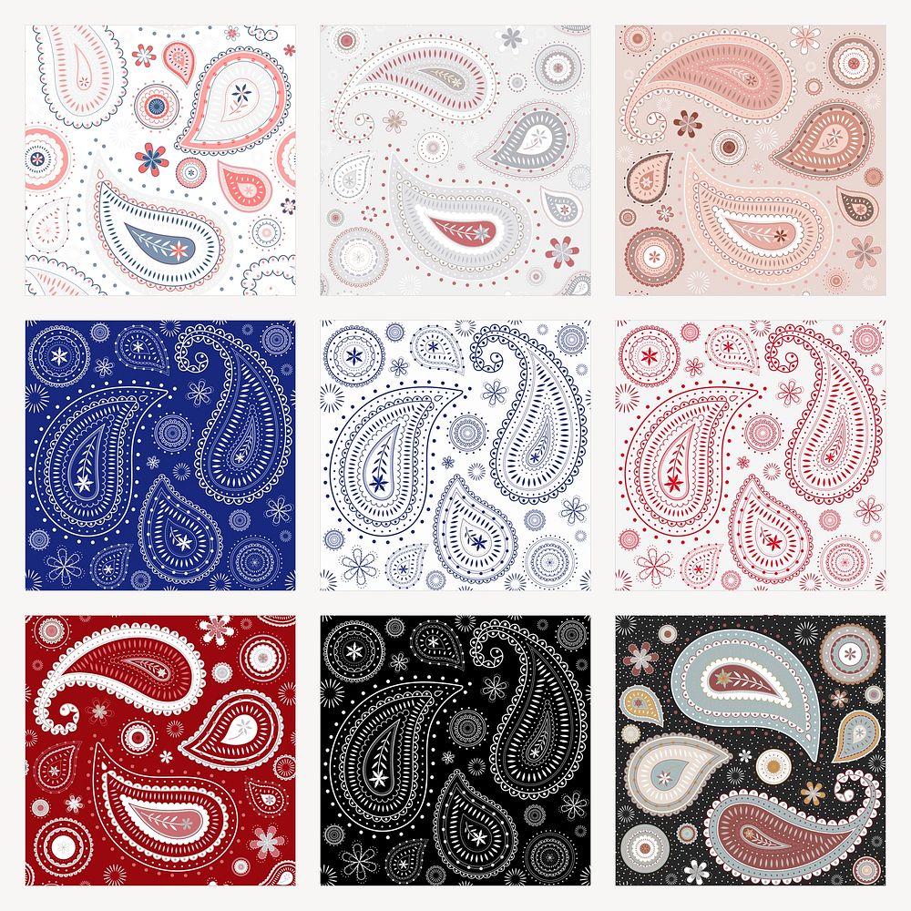 Paisley pattern background, Indian traditional colorful illustration psd set