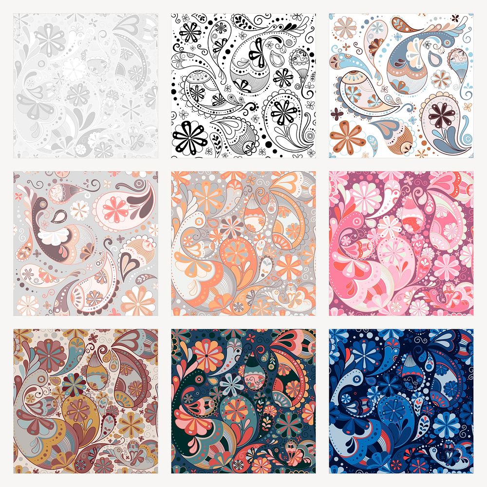 Paisley pattern background, Indian traditional colorful illustration psd set