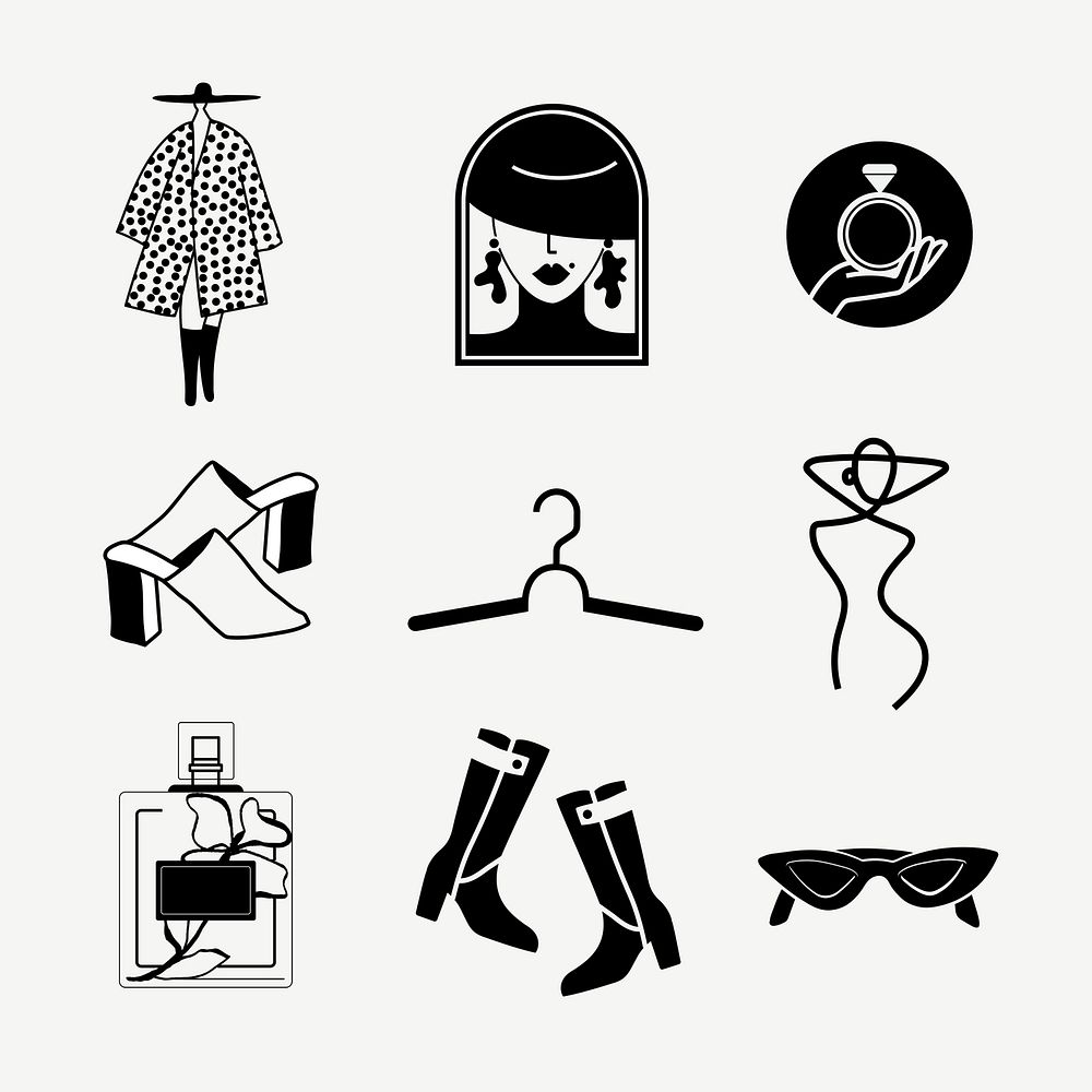 Fashion sticker clipart, black and white logo design element set psd