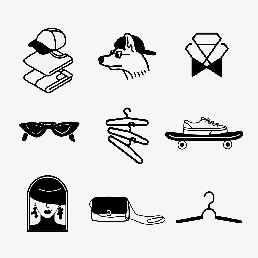 Fashion sticker clipart, black and white logo design element set vector
