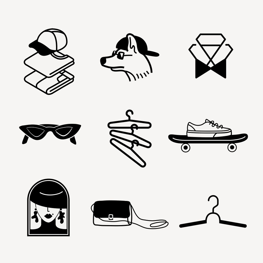 Fashion logo elements, black and white psd sticker design set