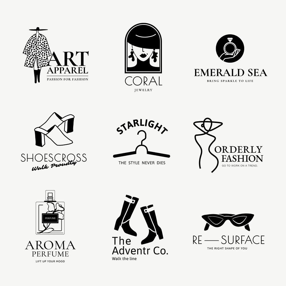 Fashion logo template set, business branding sticker in black and white psd graphics