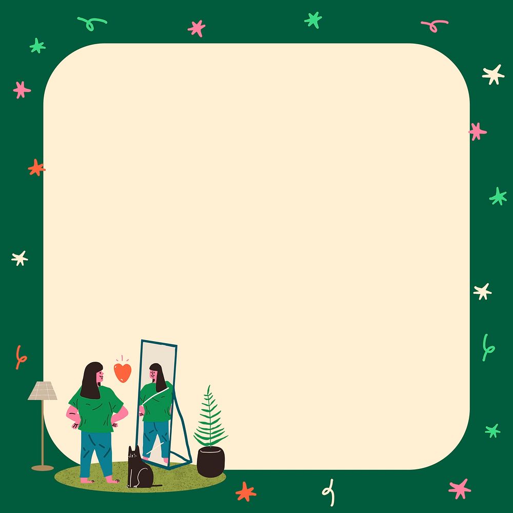 Green funky background, doodle frame with woman cartoon vector