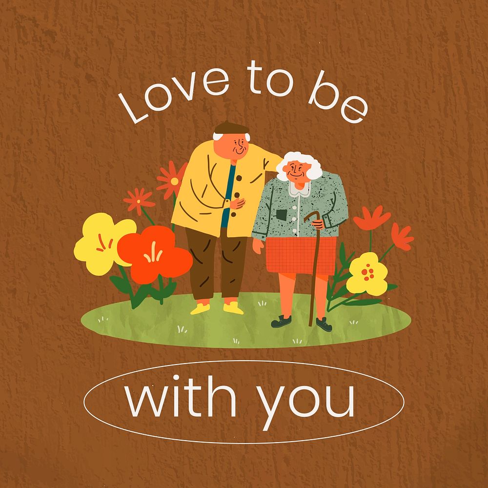 Love Instagram post template, old couple illustration with romantic quote vector